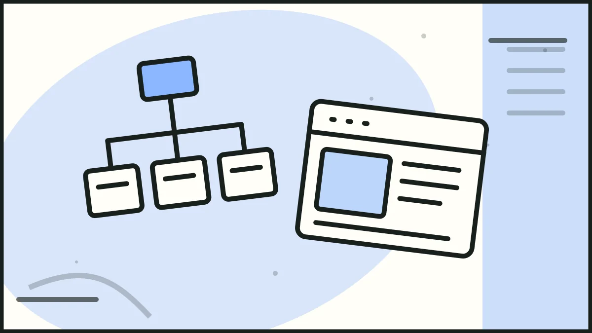 A branching sitemap beside a browser page, illustrating site search.