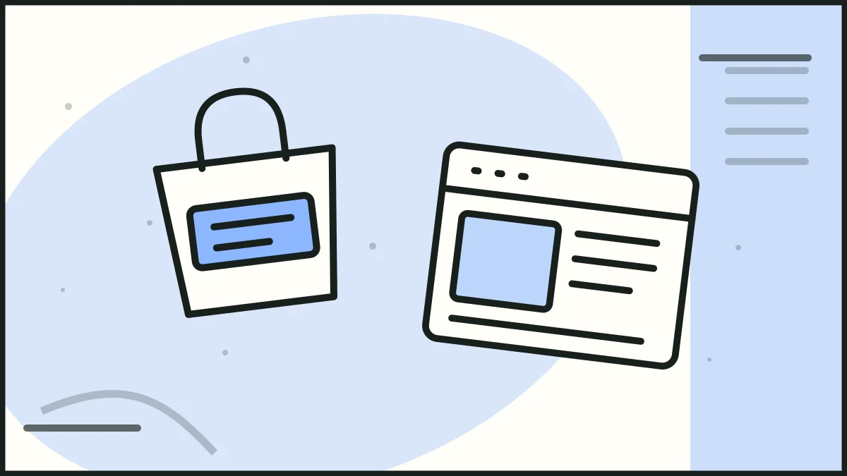 A shopping bag beside a browser page, illustrating ecommerce journeys.